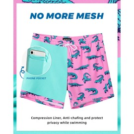 SURF CUZ Mens Swim Trunks with Compression Liner Mens Swimming Trunks 5 Inch Bathing Suit with Zipper Pockets Quick Dry Swim Shorts 01 A Pink Crocodile Medium