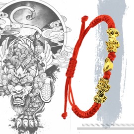 SING F LTD 2 pulseras de cuerda roja con doble Pi Xiu/Pi Yao Golden Wealth Ingot para mujeres, hombres, familiares, amigos, joyería ajustable atrae riqueza y buena suerte