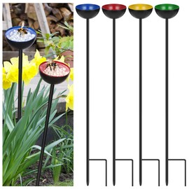 Lineshading 4 Pcs Bee Watering Station Butterfly Bee Water Catcher Cups Small Insects Bee Feeders for Outside Feeding and Watering Bees Metal Garden Stakes Garden Sculpture Decor (Fresh)