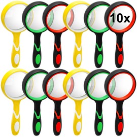 Coloch 12 Pack 10X Magnifying Glass, 50mm Handheld Reading Magnifier with Non-Slip Rubber Handle Glass Magnifying Lens for Kids, Seniors, Newspaper, Science and Nature Exploration, Age 3+