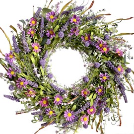 Egolot 24 Inch Spring and Everyday Greenery Wild Flower Wreath for Front Door, Mixed Green Leaves and Flower Wreath for Indoor and Outdoor Use, Everyday Home Decor