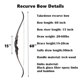 60" Black Hunter Takedown Recurve Bow 20-60 Lbs Traditional Wood Right Handed Bow American Hunting Longbow for Hunting Target Practice (Black Brown, 35 Lbs)