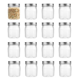 8 Ounce Clear Plastic Mason Jars With Screw On Lid, Reusable Empty Jars for Food Storage, Round BPA Free Containers for Sealing, Dry Food, Snacks, Candies, Breakage-proof (Silver, 16 Pack 8 Ounce)