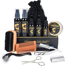 Kit Barba 13 en 1 para Hombre – Cuidado Completo con 2 Aceites para Crecimiento, Limpiador, Acondicionador, Sérum, Bálsamo, Rodillo, Peine y Navaja de Afeitar – Kit para Barba y Regalos para Papá y Novi