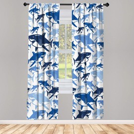 Ambesonne Shark Window Curtains, Colorful Underwater Fish Pattern Masters Survival Predators Dangerous Nature, Lightweight Decorative 2-Panel Set & Rod Pocket, Pair of - 28" x 84", Navy Blue