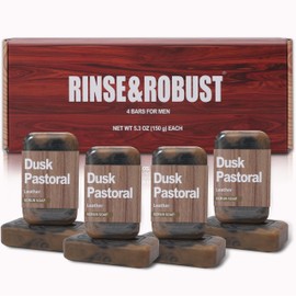 Rinse & Robust Natural Men's Soap Bars 4-Pack - 4-in-1 Exfoliating & Moisturizing Cleansing Bar for Face, Body, Hands & Shaving | All Skin Types | Gift for Him (5.3 oz Each),Leather Scent