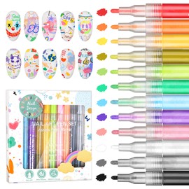 IONSGAKO 12 Colors Nail Art Pens Set, Nail Polish Pens for Nail Art Quick Drying 3D Acrylic Paint Markers for Painting Dotting Liner Pen Nail Salon DIY Design Kit