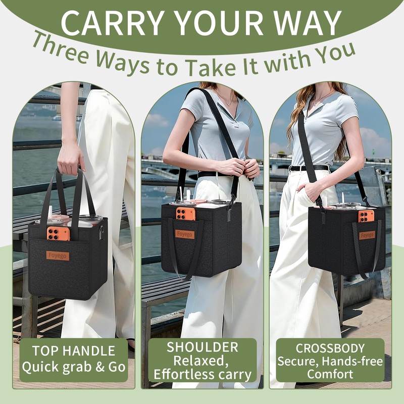 Foyego Drink Carrier Bag with Handle and Strap, 4 Compartment,