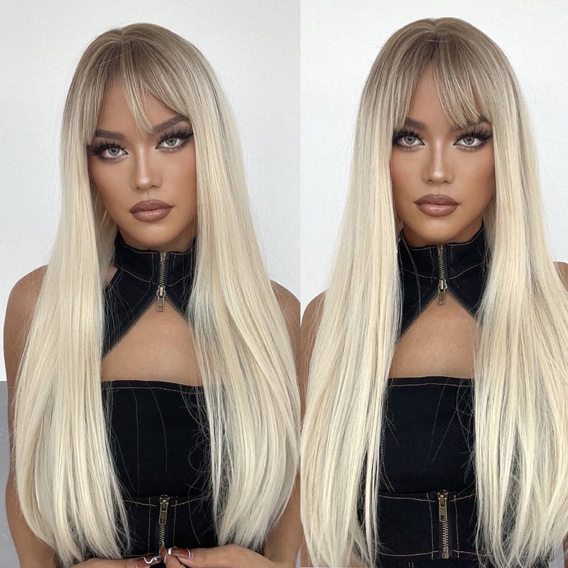Long Black Wig Human Hair with Bangs and Wig Cap