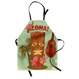 Lunarable Vintage Hawaii Apron, Retro Hawaiian Image Floral Elements Guitar and Palm Trees, Unisex Kitchen Bib with Adjustable Neck for Cooking Gardening, Adult Size, Almond Green