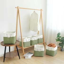 FinishingBo Fabric Cubes Storage Basket, 6 Pack 11x11 in with Handles Foldable Cube Storage Bins, for Shelves, Home, Office, Nursery Organizers (White/ Green)