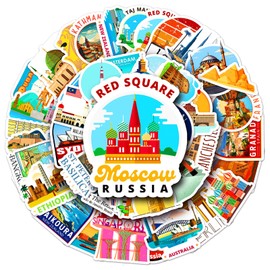50Pcs World Travel Stickers Pack, Vacation Sticker Famous City Landmark Waterproof Vinyl Travel Luggage Stickers for Suitcases Water Bottle Laptop Car Bike Scrapbookin