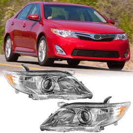 YLT AUTO Automotive Headlight Replacement Kit Pair LH+RH Clear Lens Chrome Projector Headlamp Fit for 2012-2014 Toyota Camry with Amber Reflectors