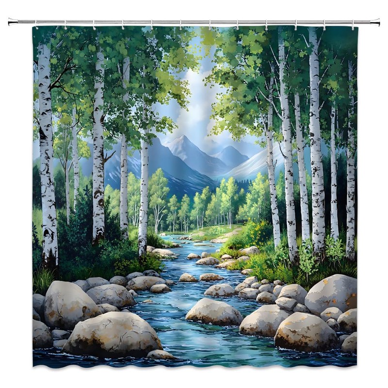 WUASDCS Nature Forest Stream Shower Curtain Spring Birch Trees Mountain
