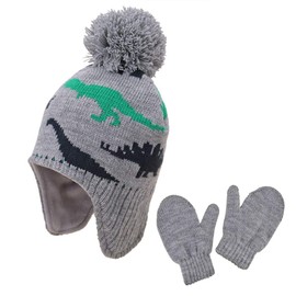 Hats and Gloves Set For Kids Toddler Baby Knit Earflap Beanie Winter Warm Fleece Cap For Boy Girl