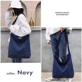 FashionBerry Tote Bag, Canvas Tote Bag, Large Capacity, Shoulder Bag, Canvas Tote, A4, Canvas Tote Bag, Women's, Men's, Solid, Zippered, Interior Pocket Included, navy