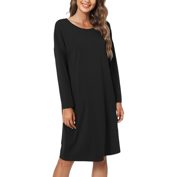 GYS Womens Long Sleeve Nightgown Bamboo Cotton Nightshirts Sleepwear Soft