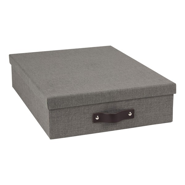 Bigso Oskar Canvas Fiberboard Document Letter Box | File Organizer Document Box for Important Paperwork | Document Storage Box with a Lid & Leather Handle | 3.3″x10.2″x13.8″ | Gray