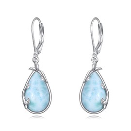 POPLYKE Larimar Earrings for Women Sterling Silver Larimar Dangle Earrings Leaf Larimar Jewelry Gift for Women (leaf larimar)