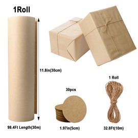 Cieex Brown Paper Roll Heavy Duty Brown Kraft Wrapping Paper 70g/m² with Tags, Twine Ideal for Gift Wrapping, Parcel Packing, Arts & Craft (30cm x 30m)