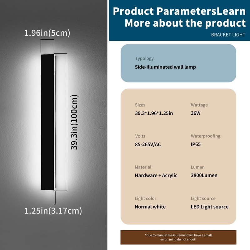 Daoseolo 39.3inch Modern Outdoor Wall Light, Black Outside LED Wall