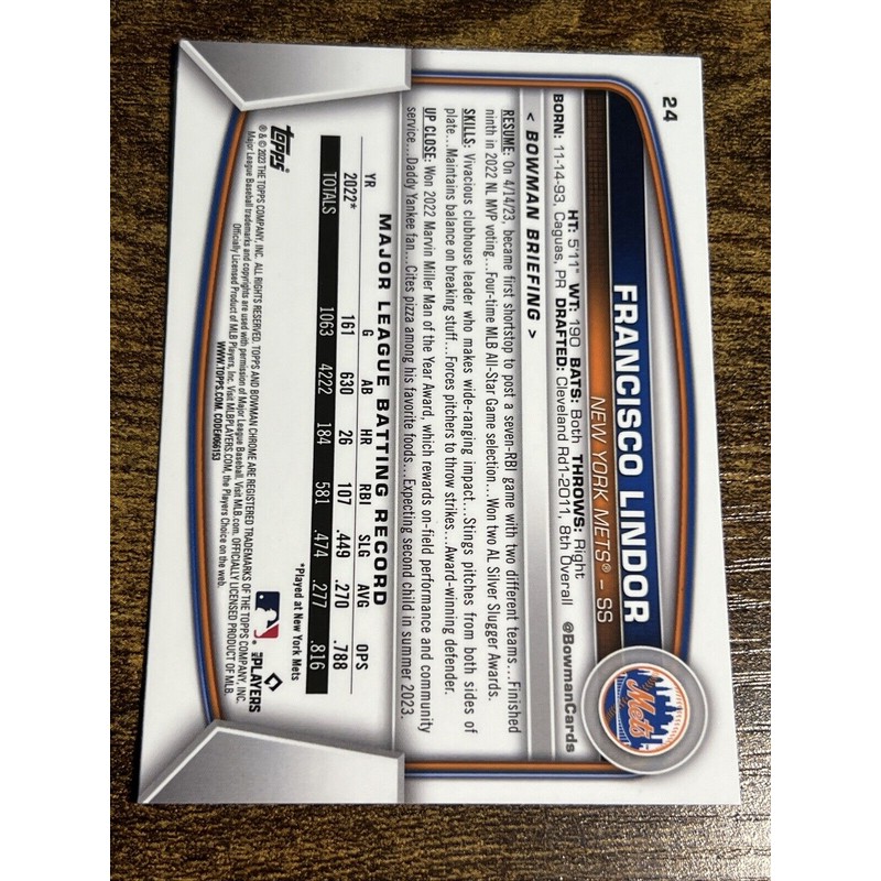 FRANCISCO LINDOR 2023 Bowman Chrome Sapphire Mets #24