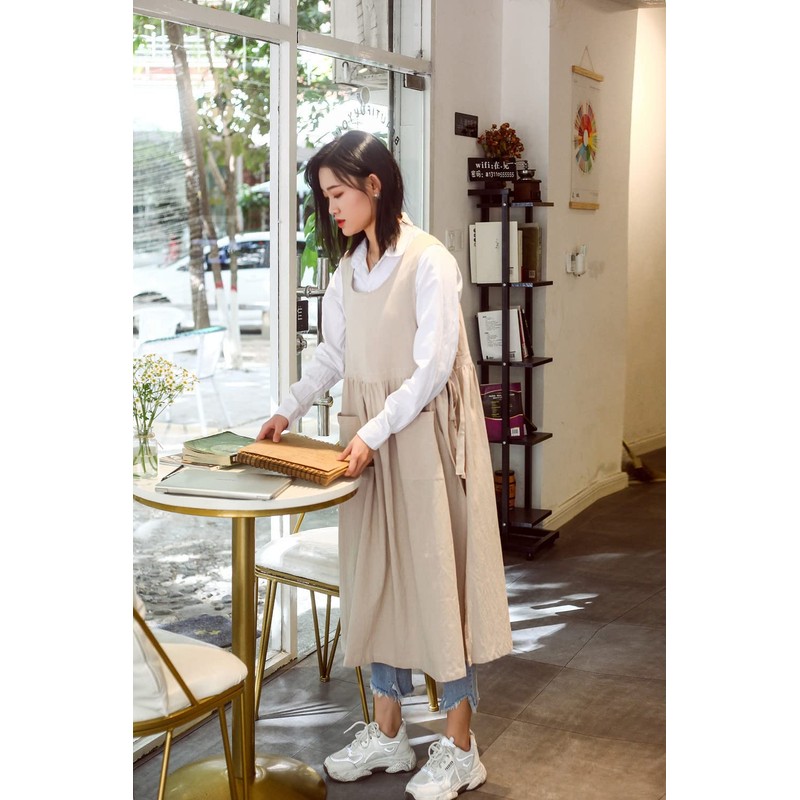 CHAILIQIANGG Women Apron Large Size Apron Cotton Linen Washed with