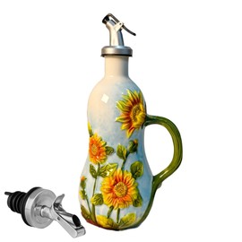 Windefun 18.26oz/540ml Ceramics Olive Oil Dispenser Bottle,Hand Painted Reliefs Oil Dispenser for Kitchen,Oil Bottles for Kitchen (Sunflower)