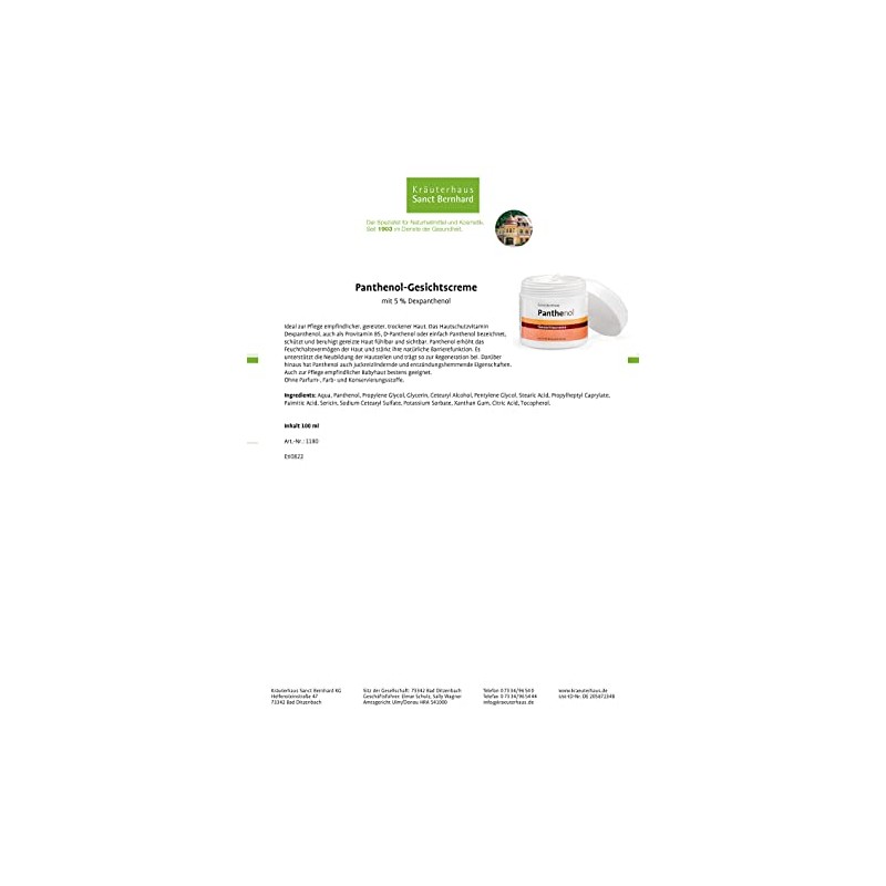 Sanct Bernhard Panthenol Face Cream with 5% Dexpanthenol, Fragrance-Free, No