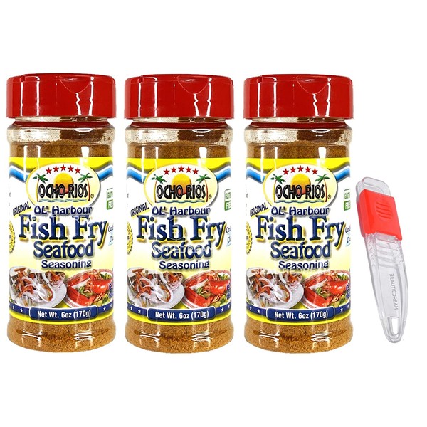 Ocho Rios Ol' Harbour Fish Fry Seasoning 12 oz with Adjustable Measuring Spoon in Sealed O That's Good Packaging (Pack of 3)