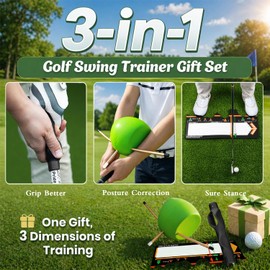 3-in-1 Golf Training Aids Set Grip Trainer Club, Sure Stance & Smart Ball for Hand Position, Swing Accuracy, Posture Correction & Balance - for Indoor/Outdoor Practice, All Levels (Right Handed)