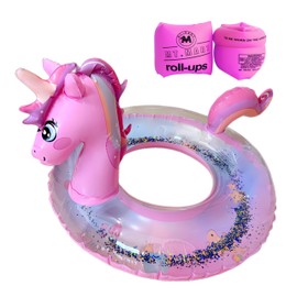 Unicorn Swimming Ring for Kids, Pink, Pool Float, Ocean Inflatable Type, Foot Mount, Handle, Arm Ring Included (Simple Face)