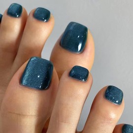 Blue Cat Eye Press on Toenails Short Square Fake Toenails Glossy Blue Solid Color Toe Nails Full Cover Toe Nails for Women