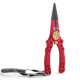 Aluminum Fishing Pliers Saltwater, Surf Fishing Tackle Kit, Fishing Multitool Hook Remover Braided Fishing Line Cutting and Split Ring with Coiled Lanyard and Sheath (Red)