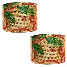 3-Yards Christmas Holiday Burlap Glitter Stars & Leaves Gift Wrap Ribbon (Leaves - 2 Rolls)