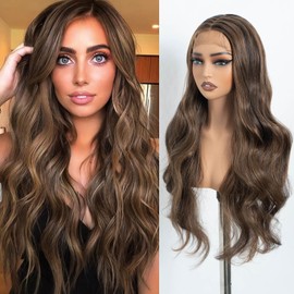 NOBLE T-Part Lace Front Wigs with Baby Hair Long Wavy Wigs for Women 28 Inch Natural Looking Middle Part Wavy Wig Synthetic Heat Resistant Fiber Wig for Daily Party Use Highlights