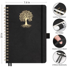RETTACY Bullet Dotted Journal, B5 Spiral Dotted Journal Notebook with 140 Pages, 7.6" × 10", Medium Size, 100 GSM Thick Paper, Leather Hardcover, Bullet Journaling, Planning, Tracking (Black)