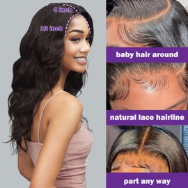 ManeMajesty Pelucas De Cabello Humano Con Ondas Corporales Y Encaje Frontal, Sin Pegamento, Precortadas, 13X4, Con Cabello De Bebé, Color Castaño Oscuro Natural, 18 Pulgadas