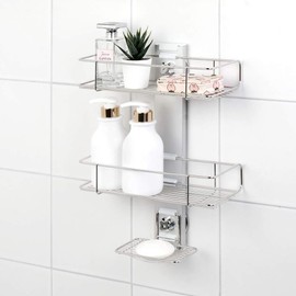BATHBEYOND Shower Caddy Suction Cup Tier Shower Shelf - Adjustable Shower Caddy 400 Stainless Steel No-Drilling and Extra Adhesive Sticker for More Stronger Suction (3Tier)