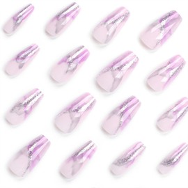 Xenophoer Coffin Press on Nails Medium Fake Nails with Silver Glitter Purple Smudge Designs Glossy Glue on Nails Acrylic False Nails Press ons Full Cover Stick on Nails for Women 24 Pcs