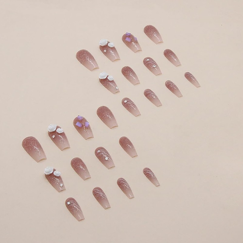 Set of 24 Nail Tips Bud Flower Decoration Line Square