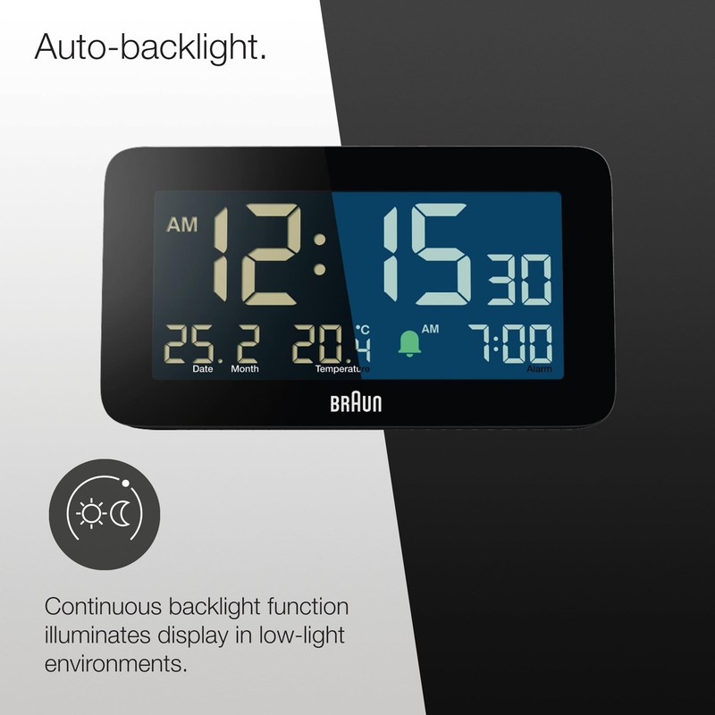 Braun Digital Alarm Clock with Date, Month and Temperature Displayed,