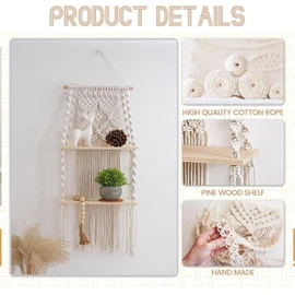ETOFIXEE Macrame Shelf, Boho Shelf, Hand-Woven Floating Shelf, Double Layer, Boho Wall Shelf for Living Room, Bedroom, Balcony, Hallway