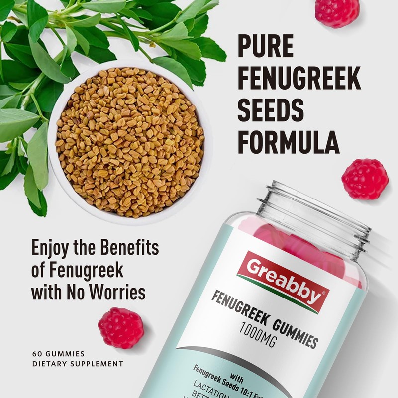 GREABBY Fenugreek Gummies 1000mg, Pure Organic Fenugreek Seeds Supplement for