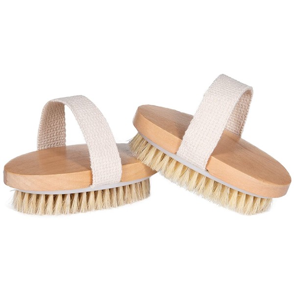 Opaz Dry Body Brush 2 pack Natural Bristle for Dry Skin - Exfoliator scrubber - wet or dry scrub Smooth cellulite - Stimulate blood flow