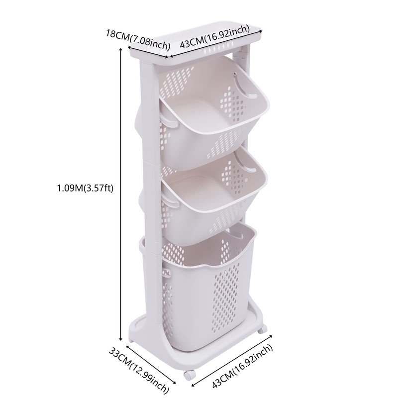 Laundry Basket, 3 Tiers Storage Basket Plastic Clothes Hamper Movable