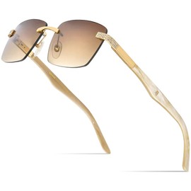 HEPIDEM 100% Really Buffalo Horn Handmade Sun Glasses,Square Rimless Luxury Buffs Sunglasses With Diamonds (0028 White Frame Tea Lens)