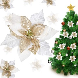jim`s cabin Artificial Flowers Pack of 12 Glitter Poinsettias for Christmas Tree Ornaments Butterfly Christmas Gold Decorations (White)