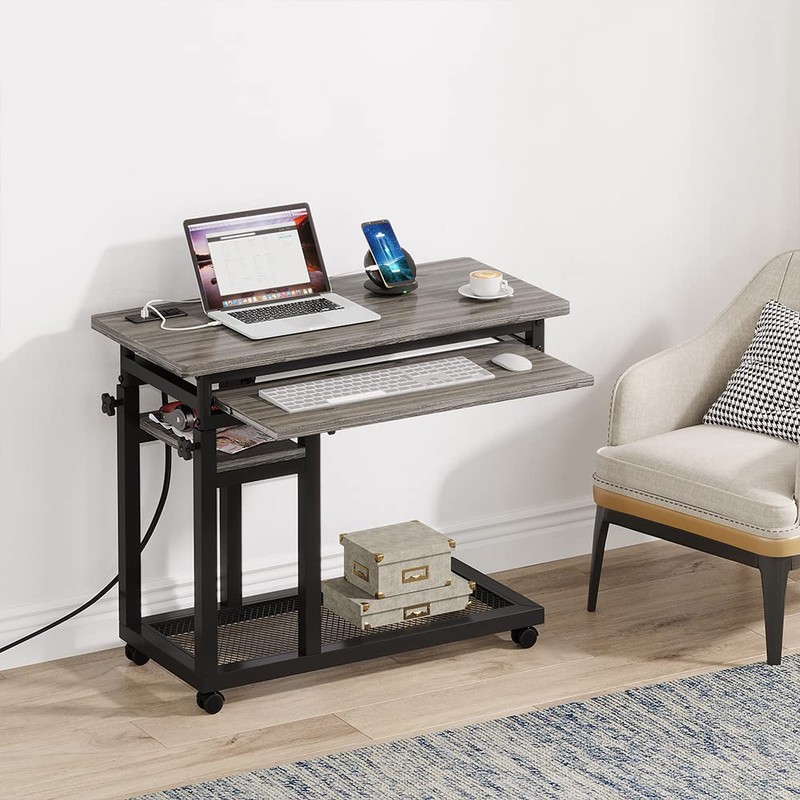 LITTLE TREE Small Computer Desk with Power Outlet, Heigh Adjustable