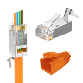 LEENUE RJ45 Connector CAT 7 Pass Through, Network Connector CAT7 CAT6A for Installation Cables, LAN Connector with Kink Protection, Shielded, Orange, Pack of 10